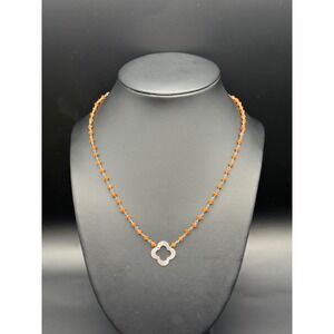 Carnelian Gemstone Beaded Clover Necklace Sterling‎ Silver .925